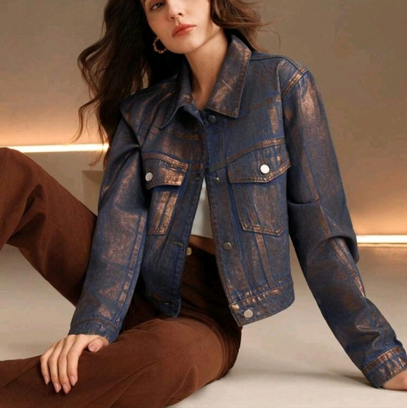Jackets & Blazers - Women's Vintage Distressed Denim Jacket With Embossed Gold Foil